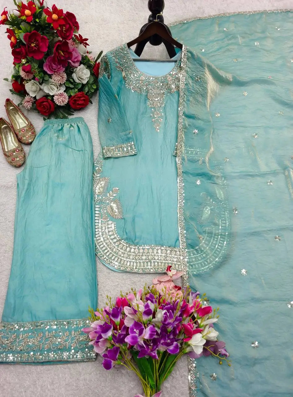 Elegant Pure Silk Palazzo Suit Set for Festive and Occasion Wear