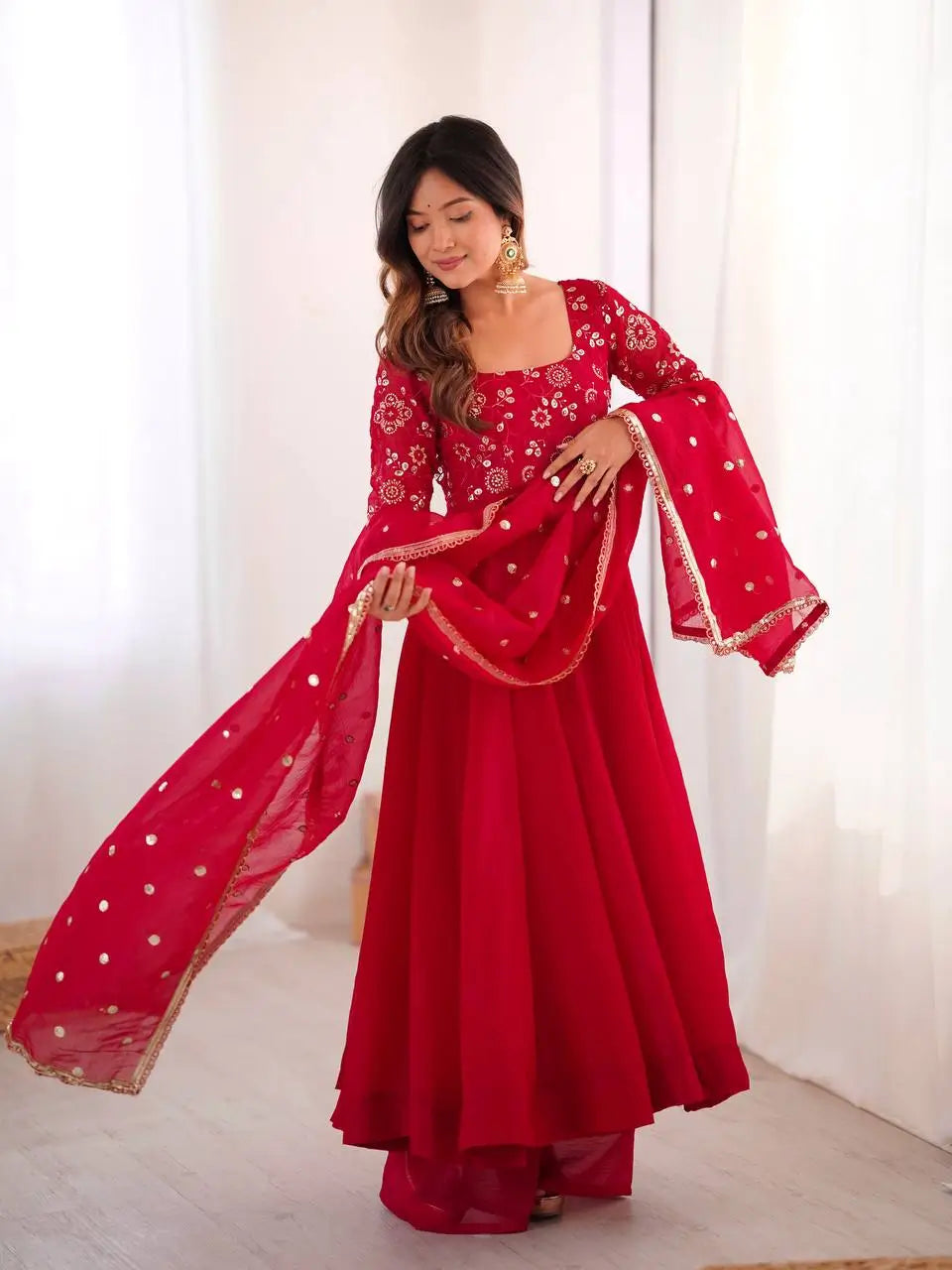 Elegant Red Flared Ethnic Gown Set for Festive and Family Functions