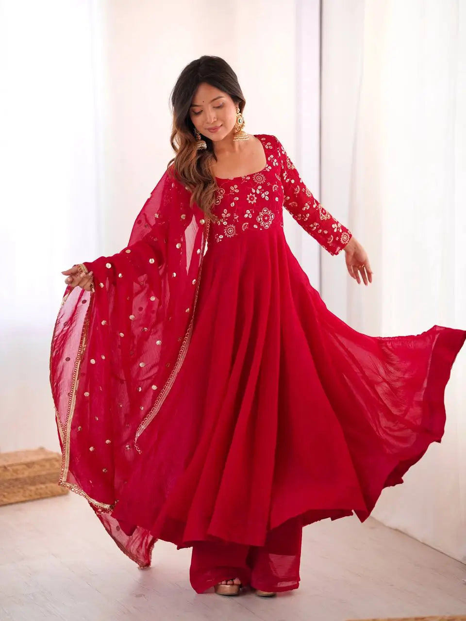 Elegant Red Flared Ethnic Gown Set for Festive and Family Functions