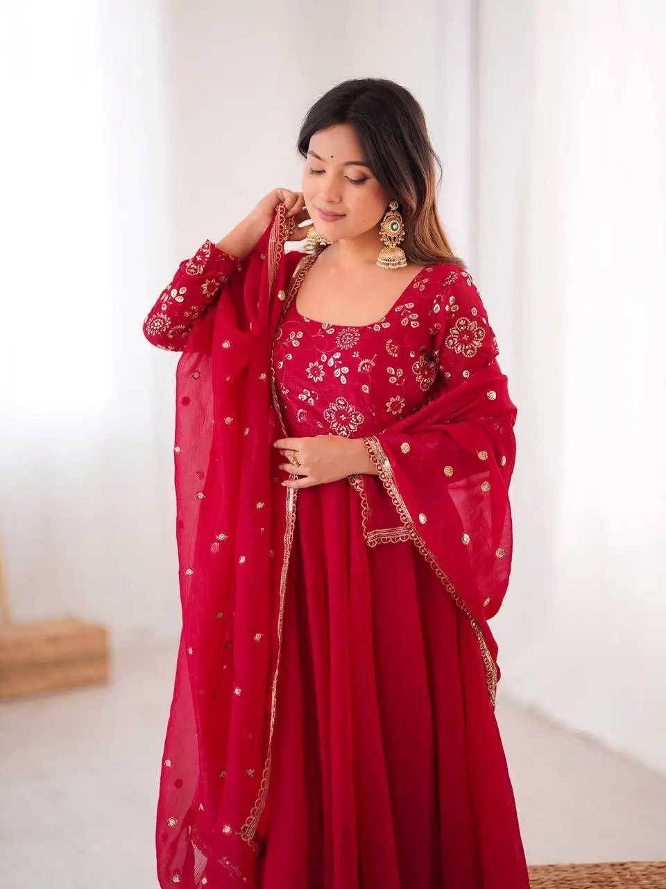 Elegant Red Flared Ethnic Gown Set for Festive and Family Functions