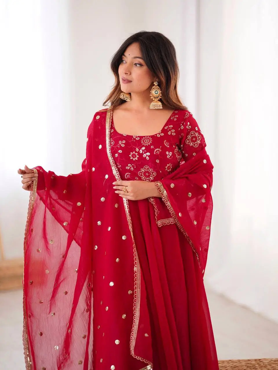 Elegant Red Flared Ethnic Gown Set for Festive and Family Functions