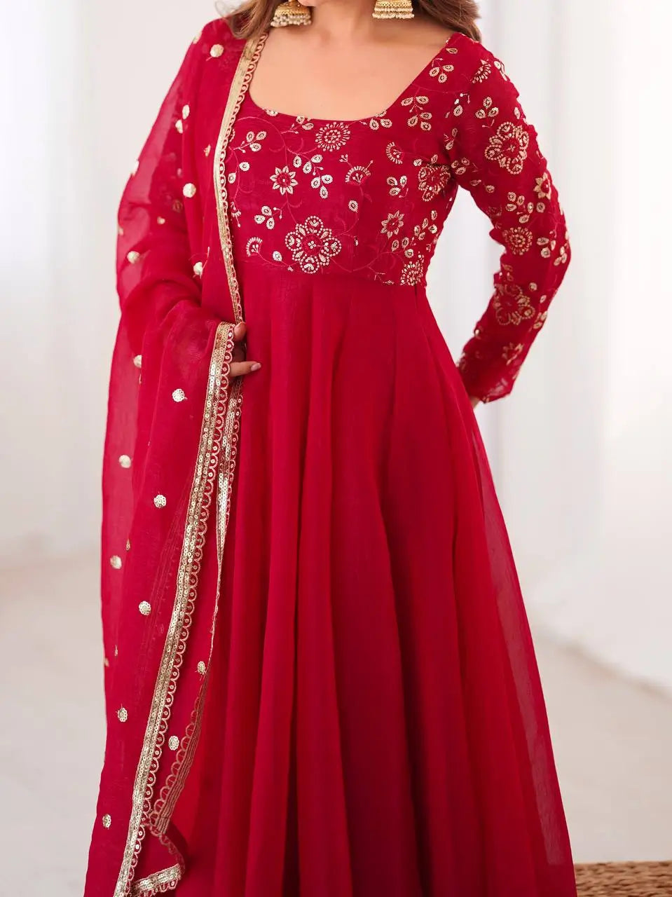 Elegant Red Flared Ethnic Gown Set for Festive and Family Functions