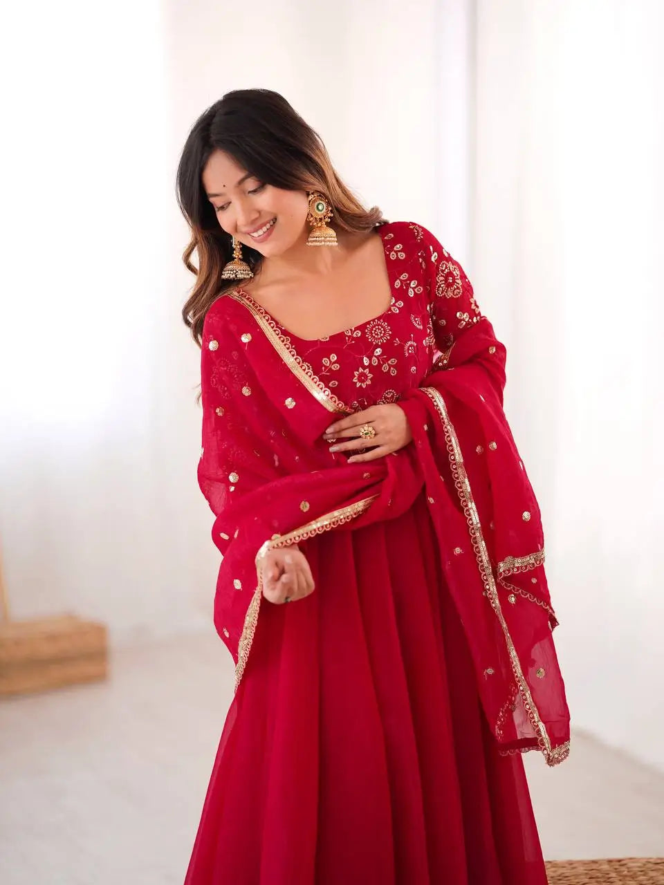 Elegant Red Flared Ethnic Gown Set for Festive and Family Functions