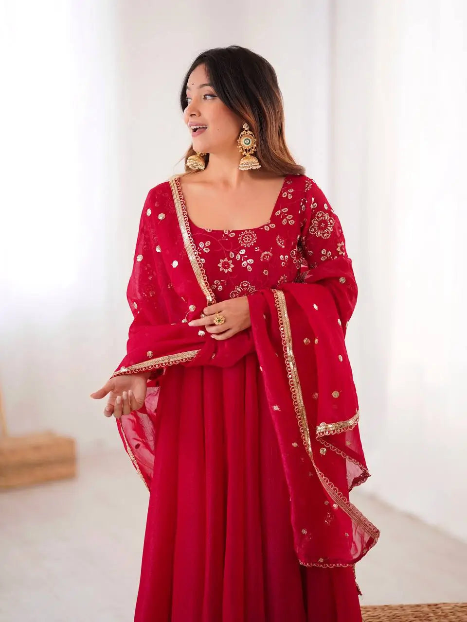 Elegant Red Flared Ethnic Gown Set for Festive and Family Functions