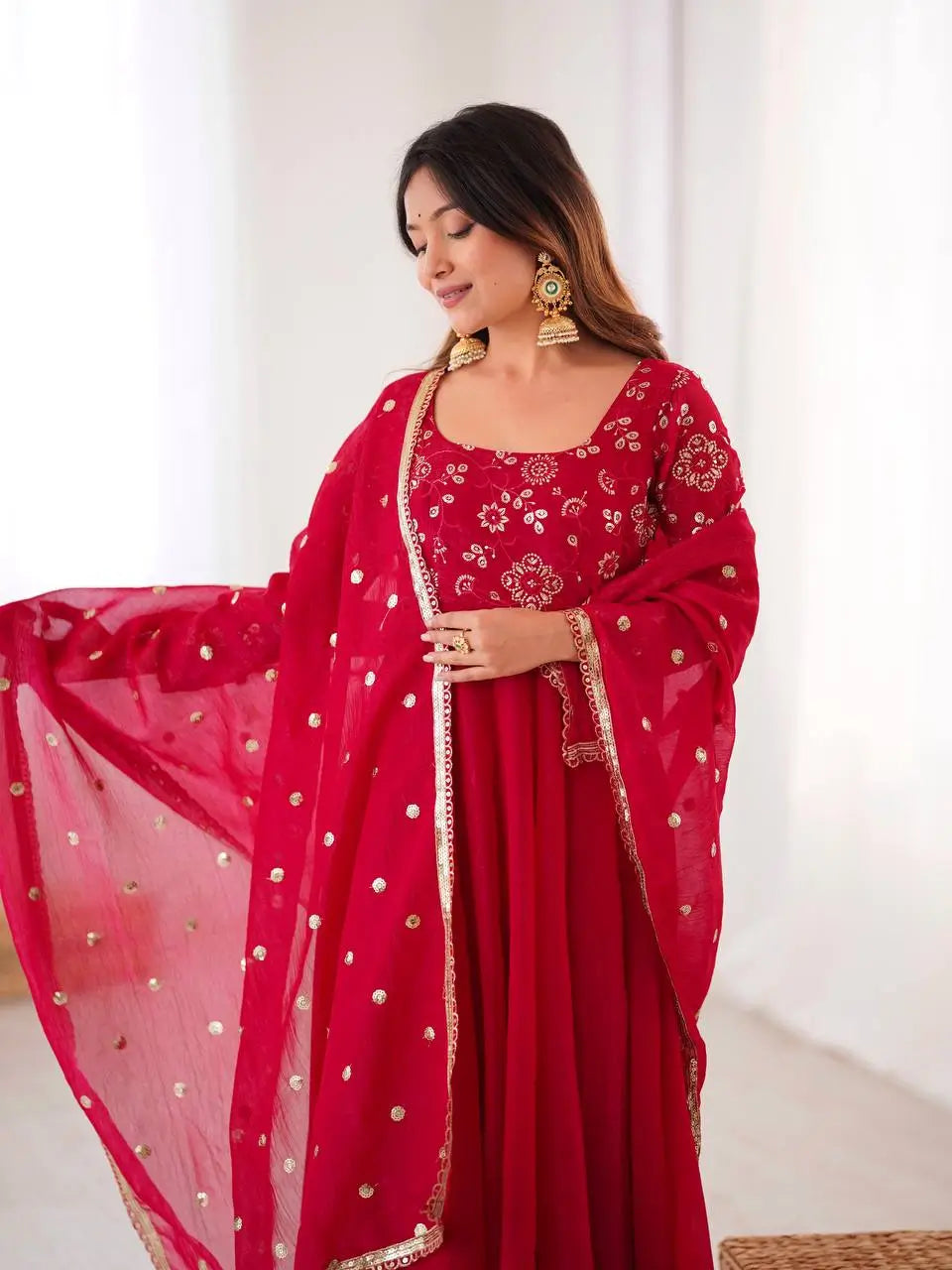 Elegant Red Flared Ethnic Gown Set for Festive and Family Functions