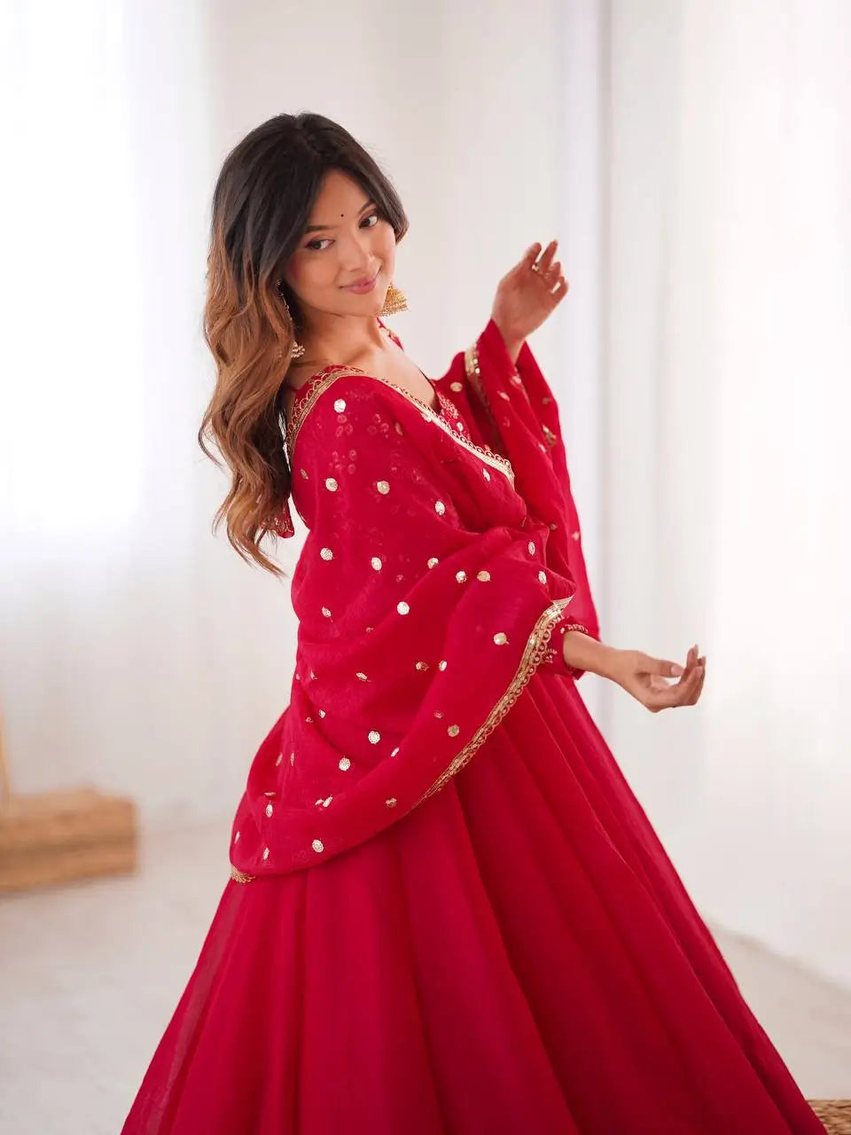 Elegant Red Flared Ethnic Gown Set for Festive and Family Functions