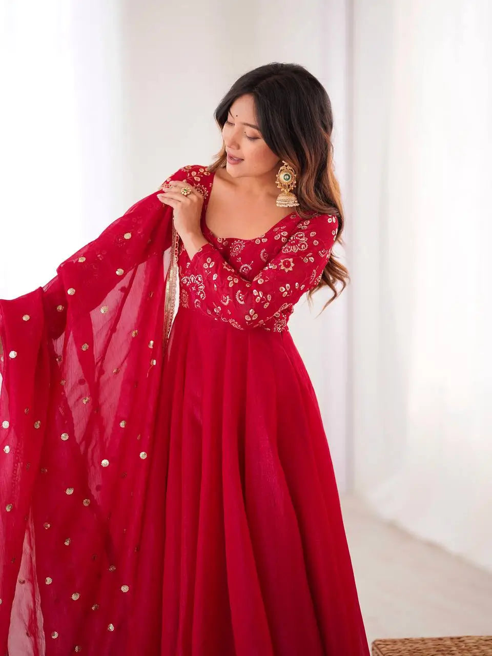 Elegant Red Flared Ethnic Gown Set for Festive and Family Functions