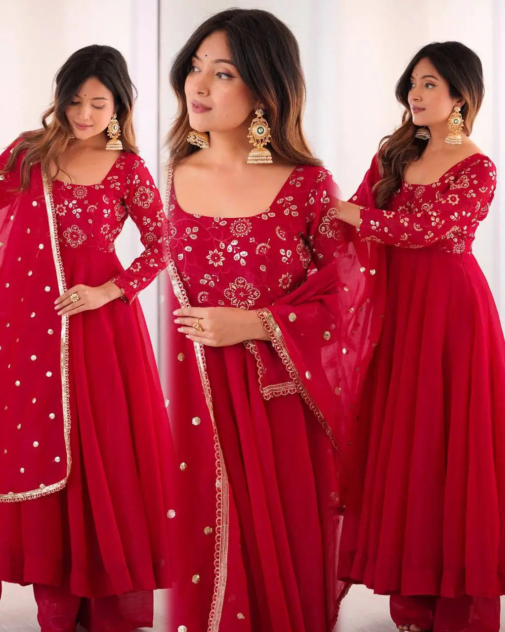 Elegant Red Flared Ethnic Gown Set for Festive and Family Functions