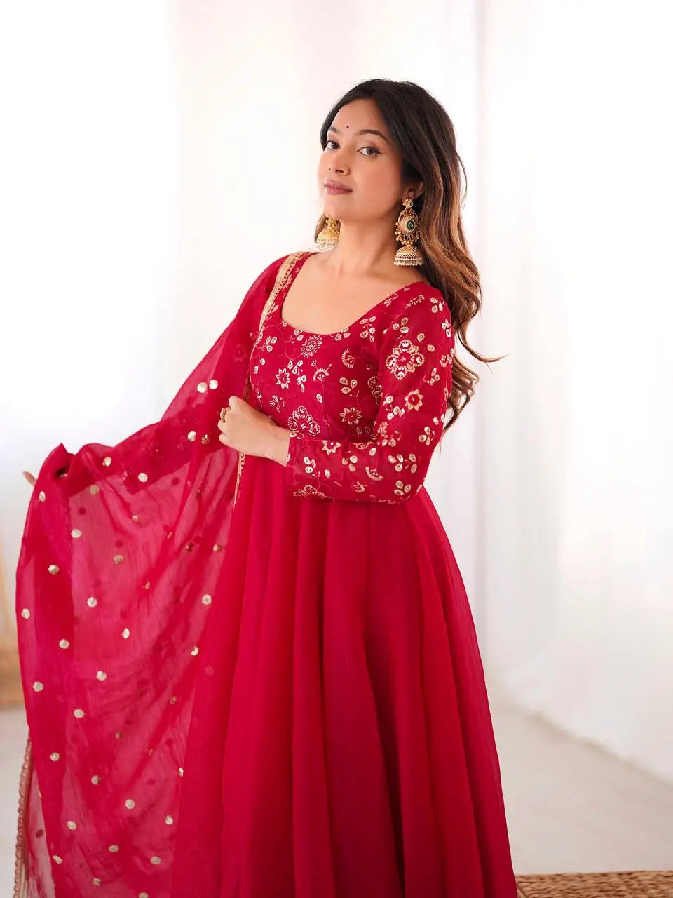 Elegant Red Flared Ethnic Gown Set for Festive and Family Functions