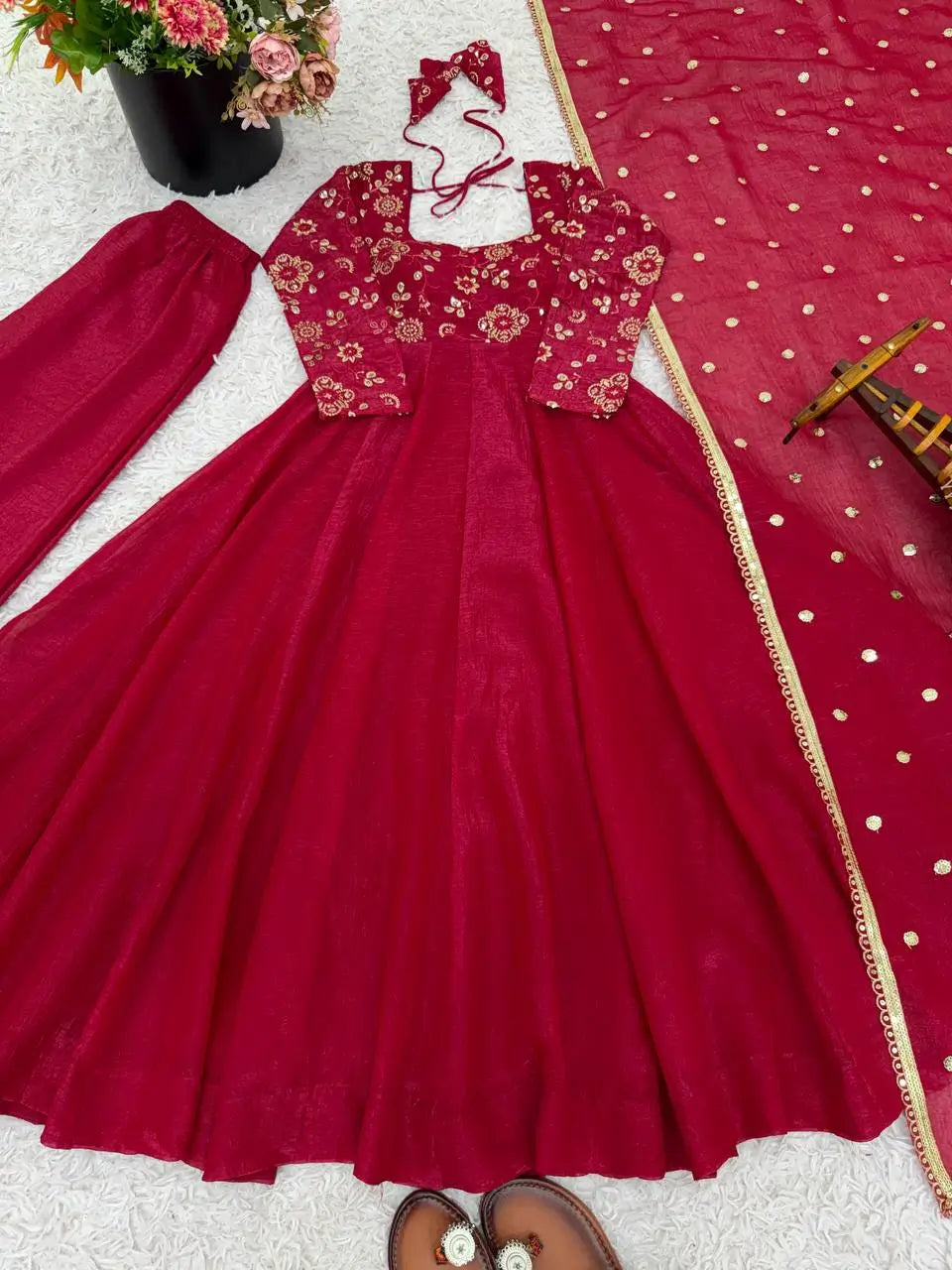 Elegant Red Flared Ethnic Gown Set for Festive and Family Functions
