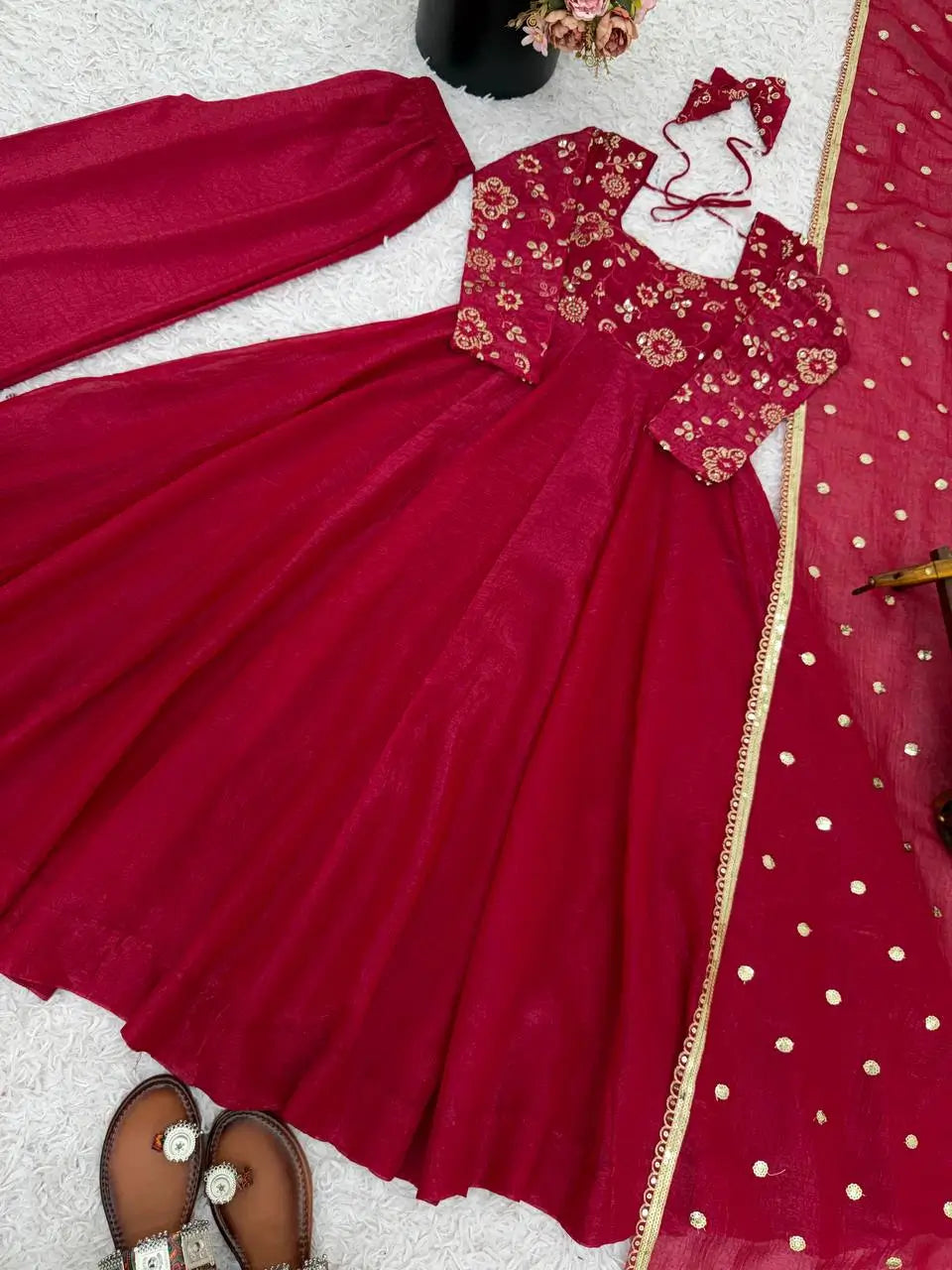 Elegant Red Flared Ethnic Gown Set for Festive and Family Functions