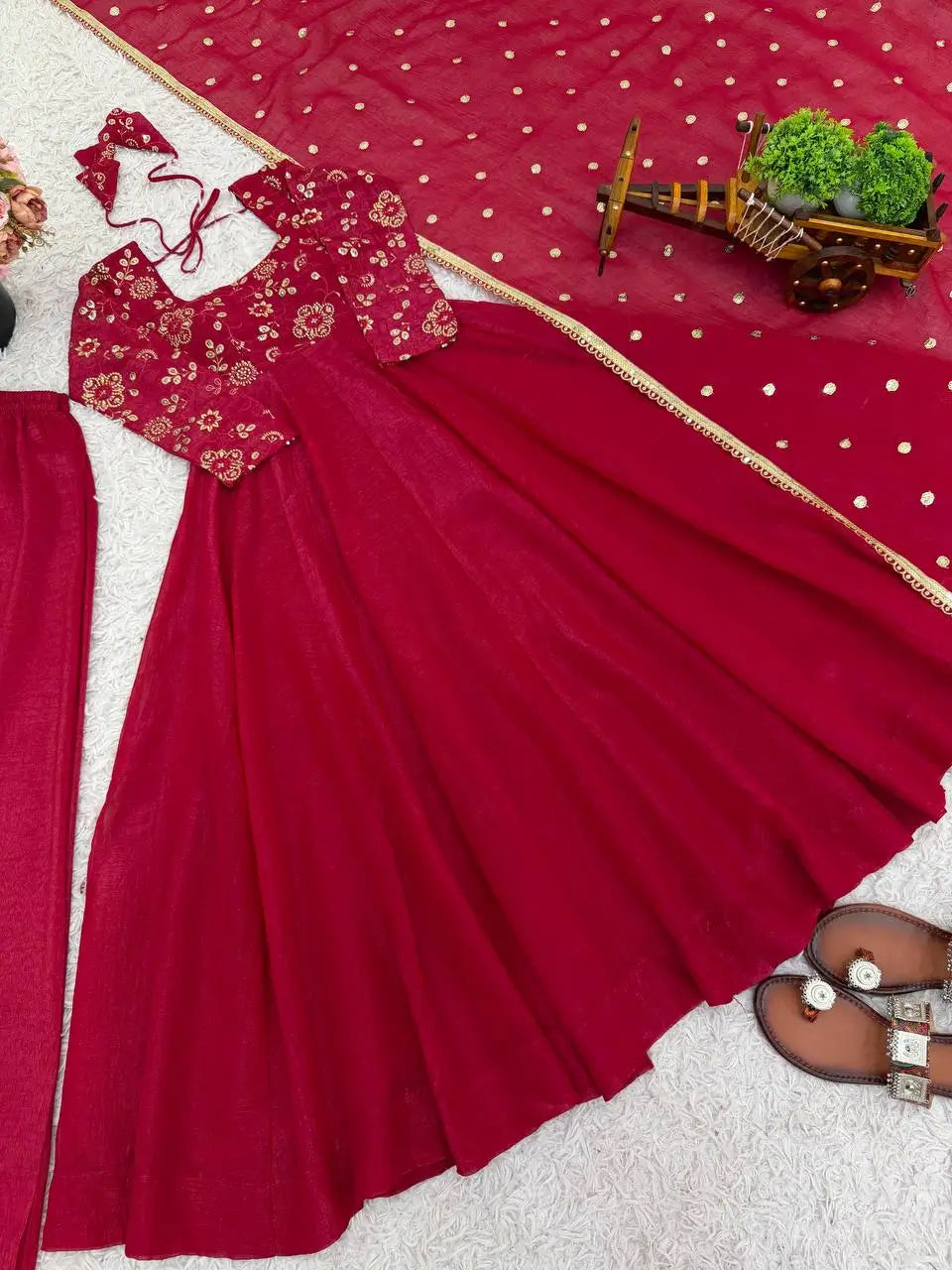 Elegant Red Flared Ethnic Gown Set for Festive and Family Functions