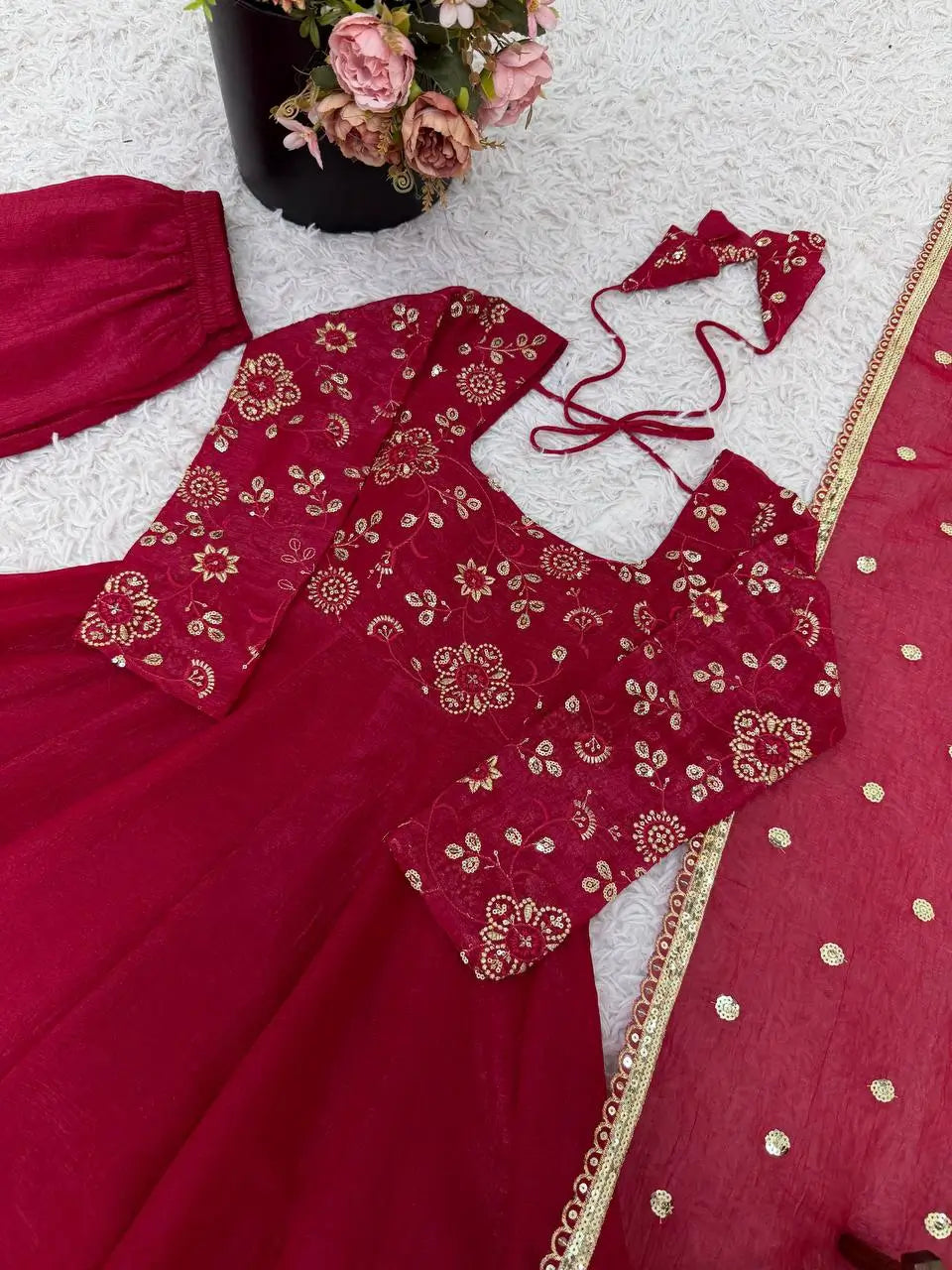 Elegant Red Flared Ethnic Gown Set for Festive and Family Functions