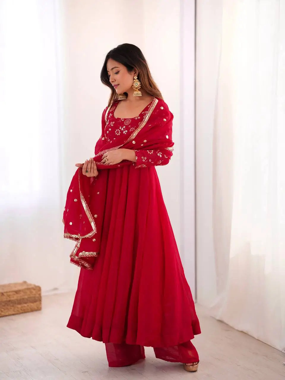 Elegant Red Flared Ethnic Gown Set for Festive and Family Functions