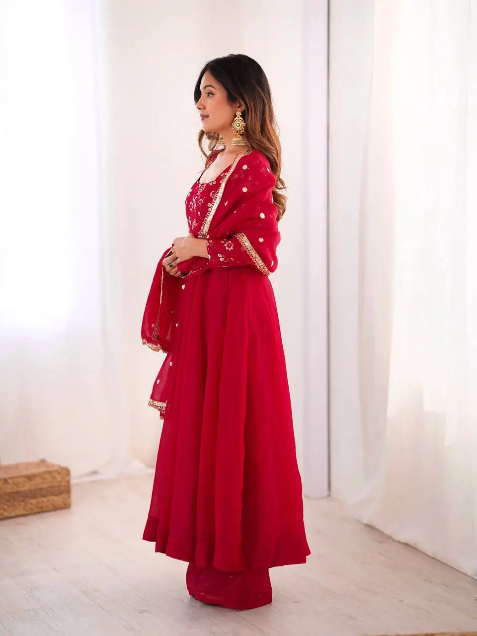 Elegant Red Flared Ethnic Gown Set for Festive and Family Functions
