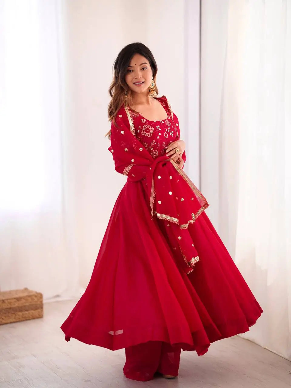 Elegant Red Flared Ethnic Gown Set for Festive and Family Functions
