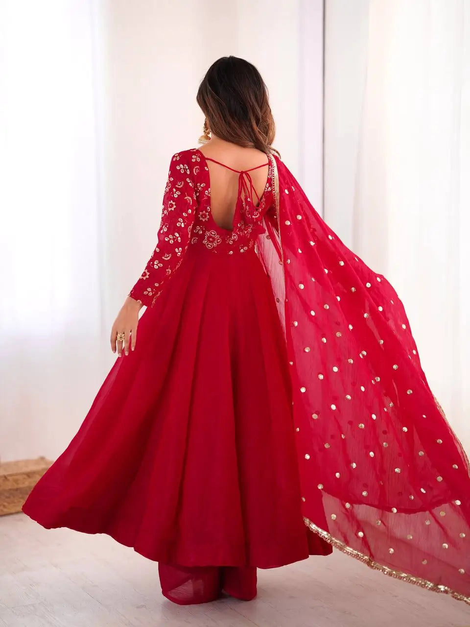 Elegant Red Flared Ethnic Gown Set for Festive and Family Functions