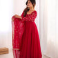 Elegant Red Flared Ethnic Gown Set for Festive and Family Functions