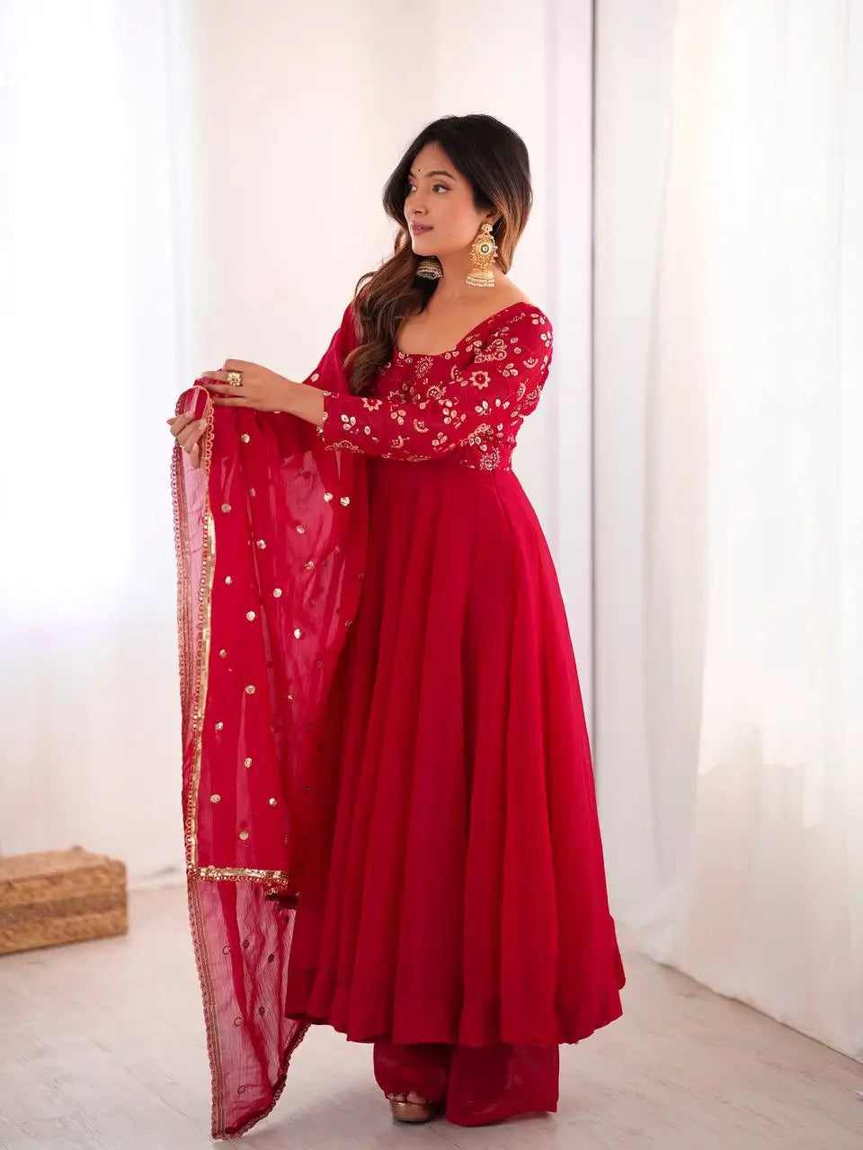 Elegant Red Flared Ethnic Gown Set for Festive and Family Functions