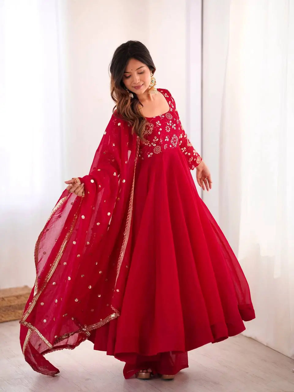 Elegant Red Flared Ethnic Gown Set for Festive and Family Functions