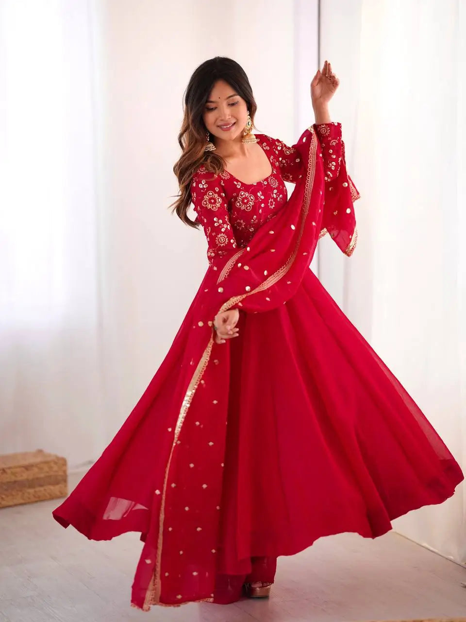 Elegant Red Flared Ethnic Gown Set for Festive and Family Functions