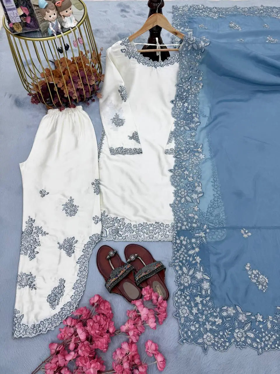 Elegant Roman Glass Embroidered Plazzo Suit Set for Festive and Occasion Wear
