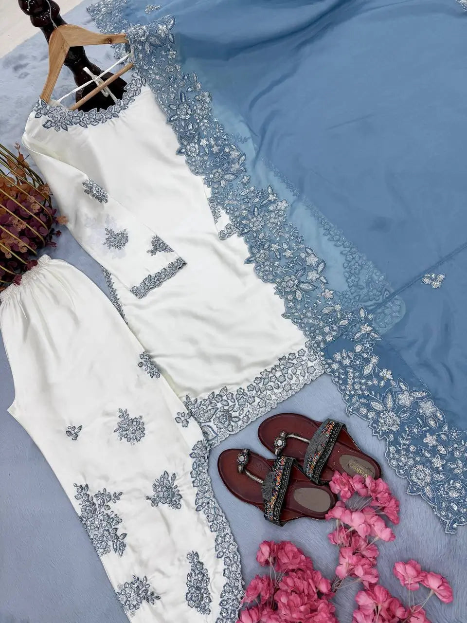 Elegant Roman Glass Embroidered Plazzo Suit Set for Festive and Occasion Wear