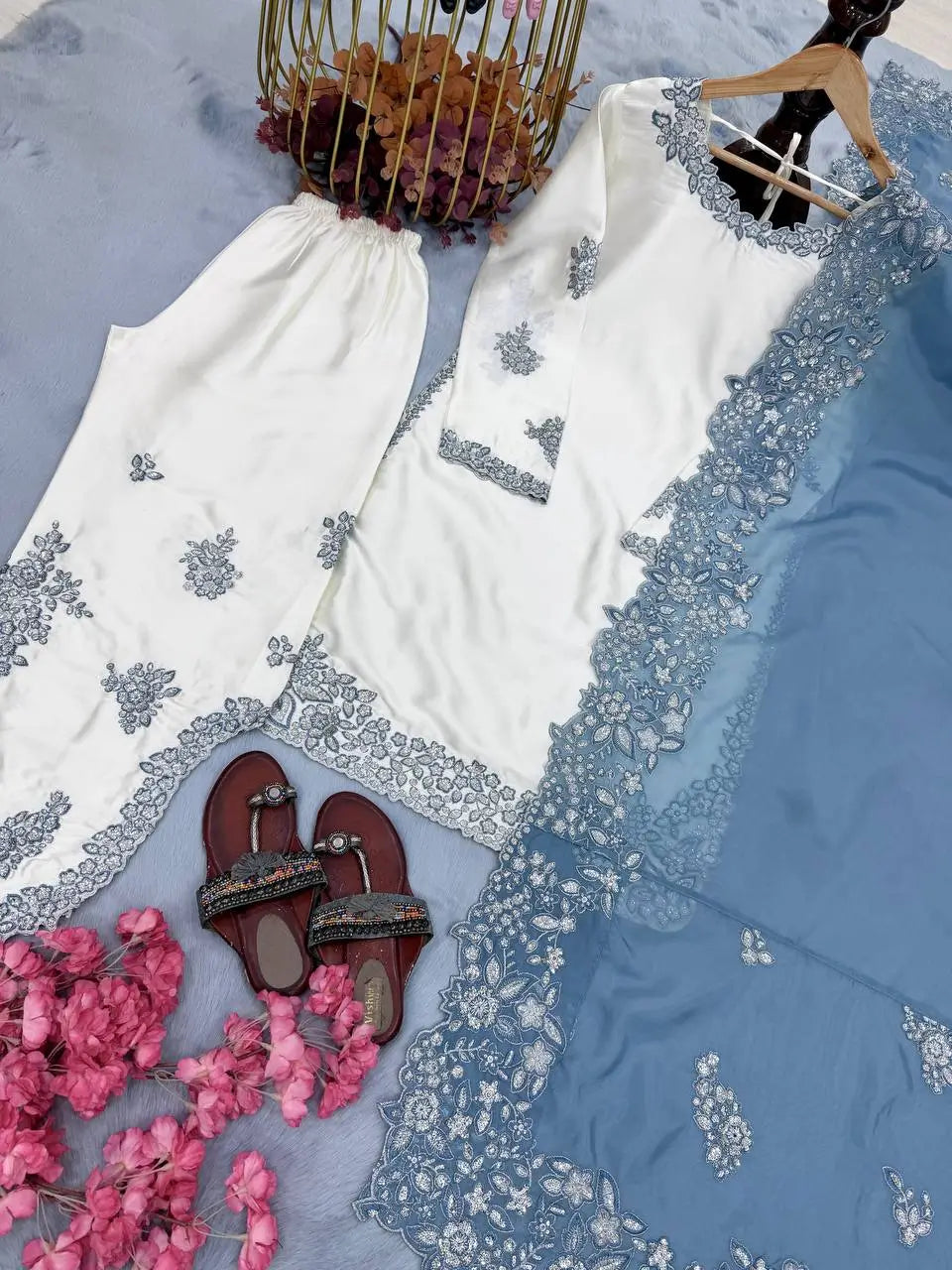 Elegant Roman Glass Embroidered Plazzo Suit Set for Festive and Occasion Wear
