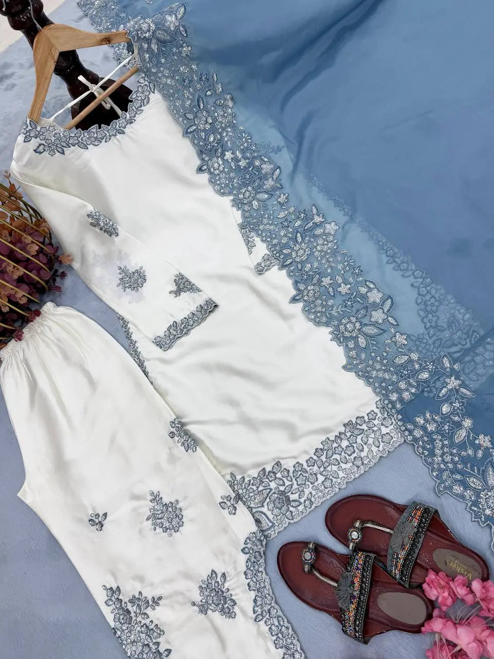Elegant Roman Glass Embroidered Plazzo Suit Set for Festive and Occasion Wear