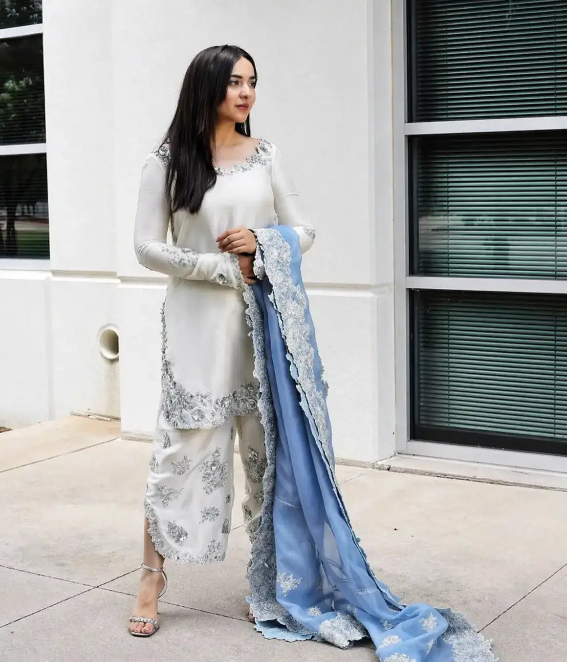 Elegant Roman Glass Embroidered Plazzo Suit Set for Festive and Occasion Wear