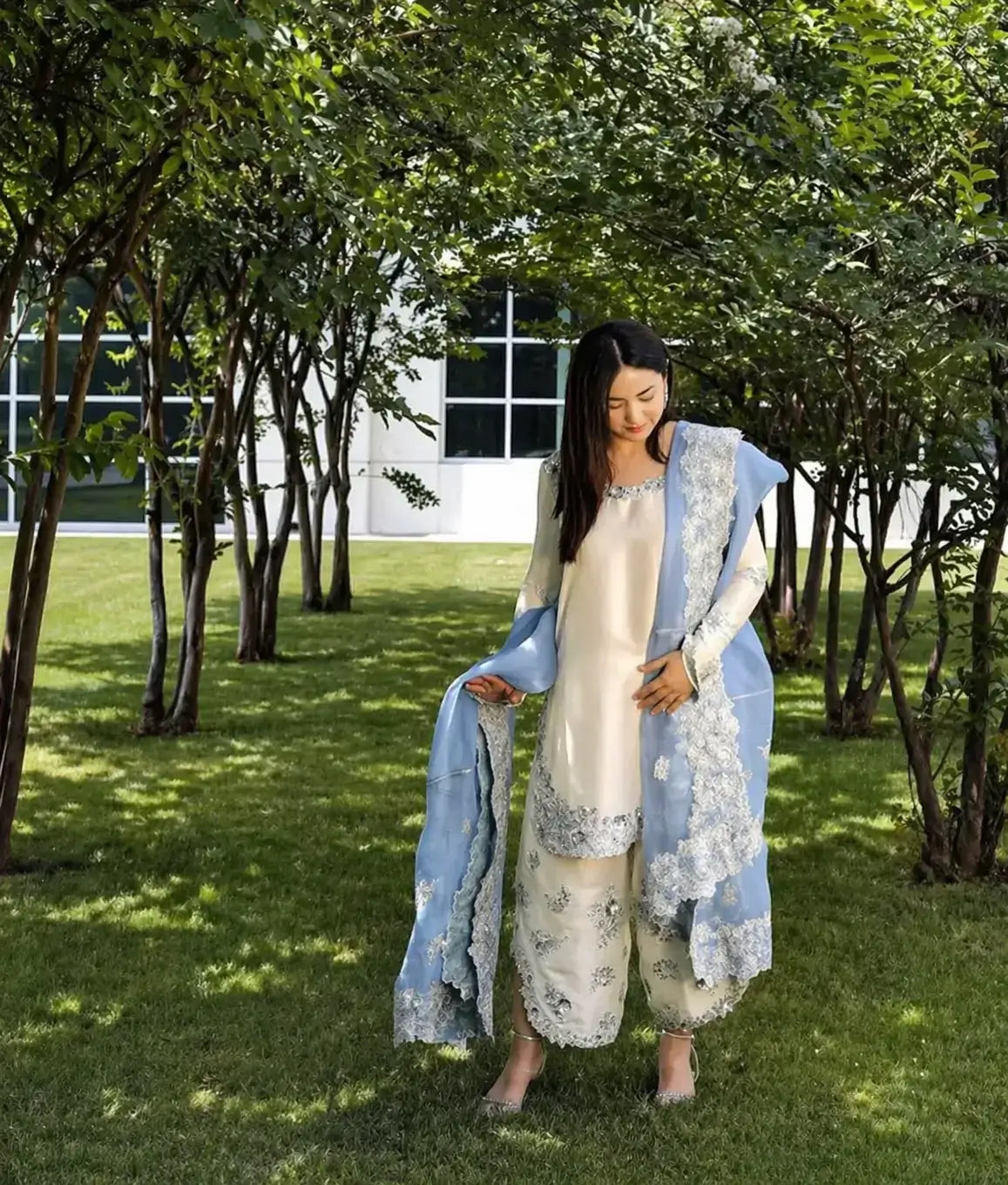 Elegant Roman Glass Embroidered Plazzo Suit Set for Festive and Occasion Wear