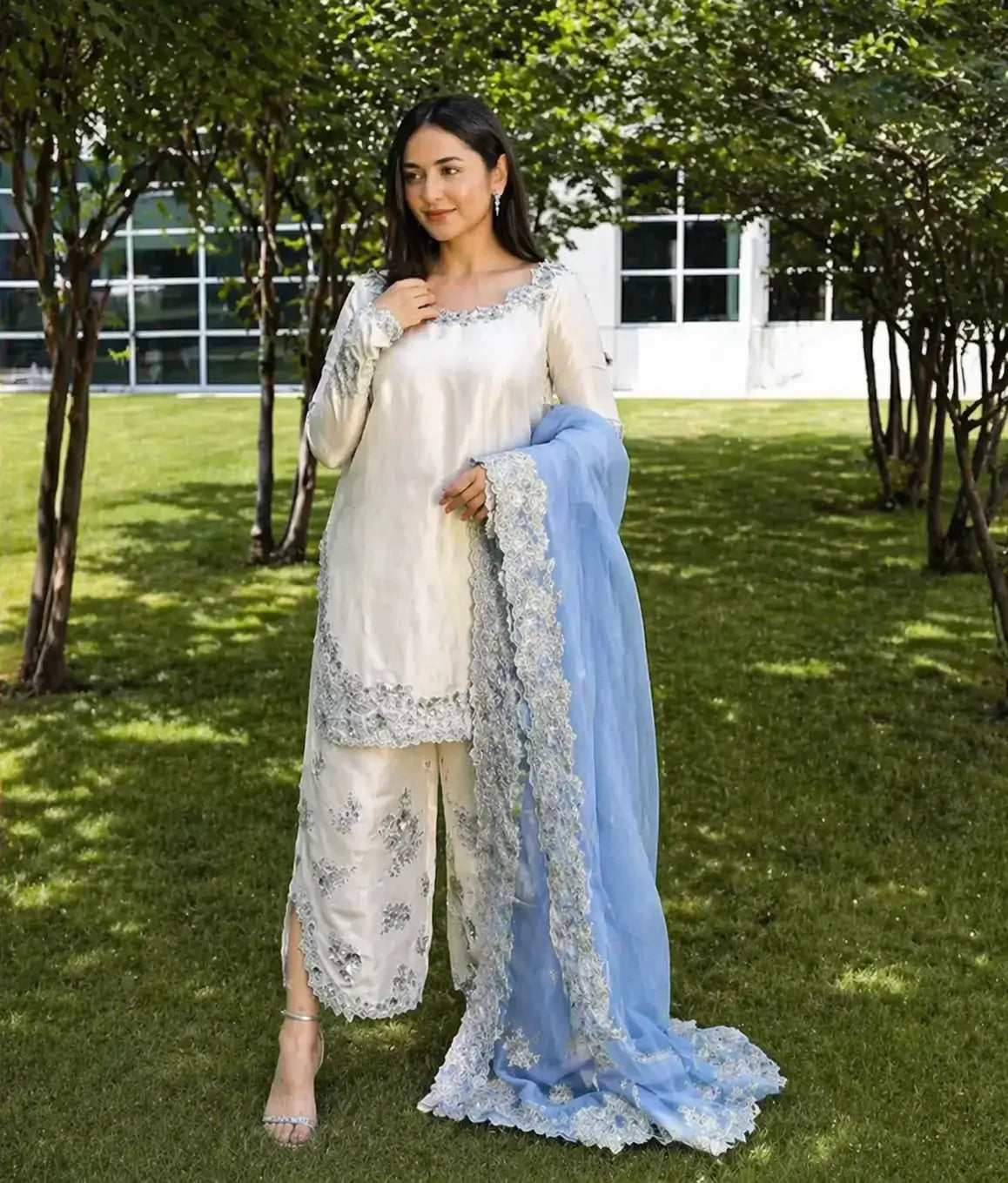 Elegant Roman Glass Embroidered Plazzo Suit Set for Festive and Occasion Wear