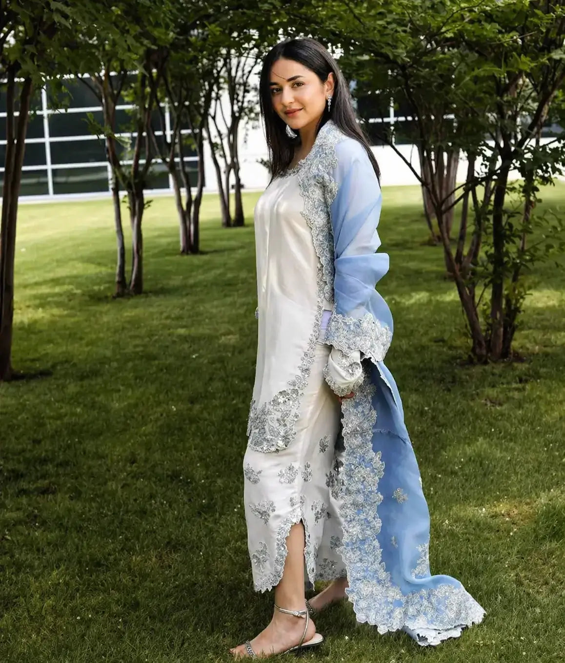 Elegant Roman Glass Embroidered Plazzo Suit Set for Festive and Occasion Wear
