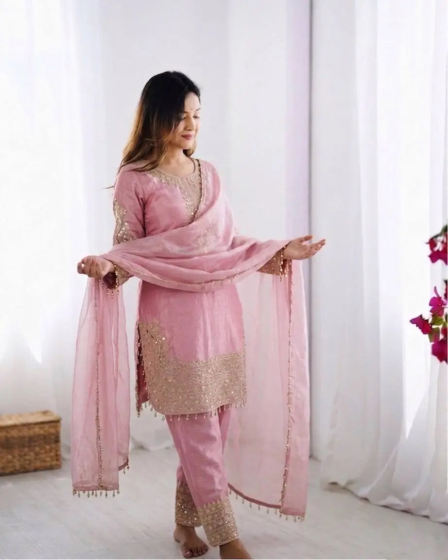 Elegant Roman Silk Embroidered Festive Kurta Set for Celebrations