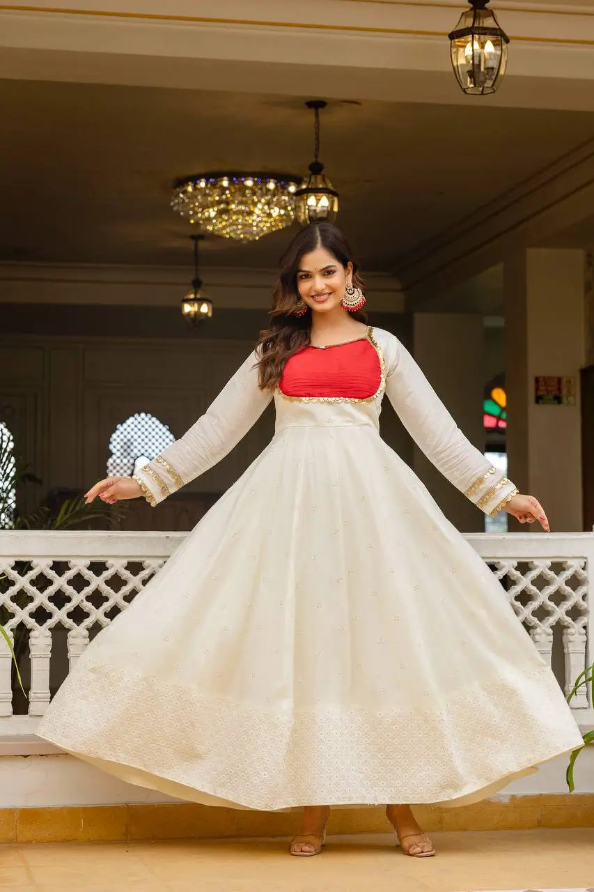 Elegant Roman Silk Embroidered Gown Set for Festive and Occasion Wear