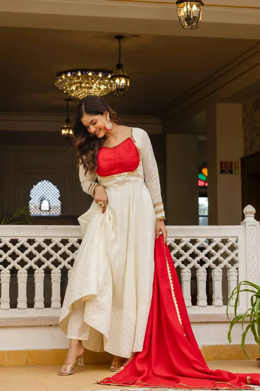 Elegant Roman Silk Embroidered Gown Set for Festive and Occasion Wear