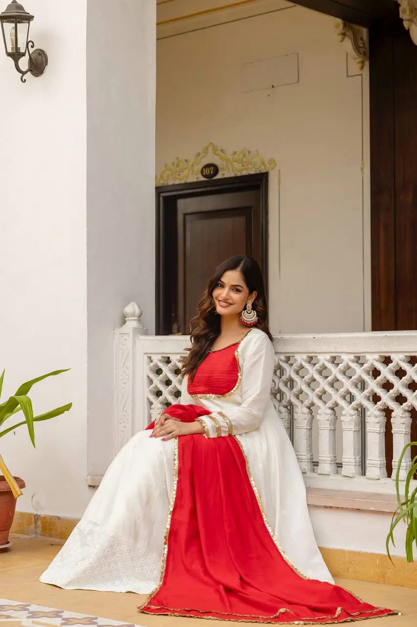 Elegant Roman Silk Embroidered Gown Set for Festive and Occasion Wear