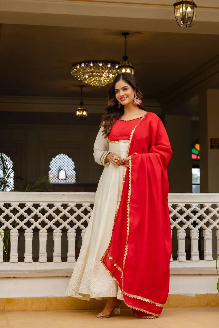 Elegant Roman Silk Embroidered Gown Set for Festive and Occasion Wear