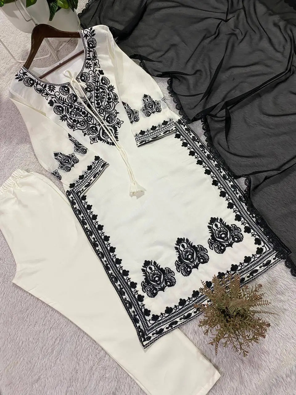 Elegant Roman Silk Embroidered Straight Suit Set for Festive Wear