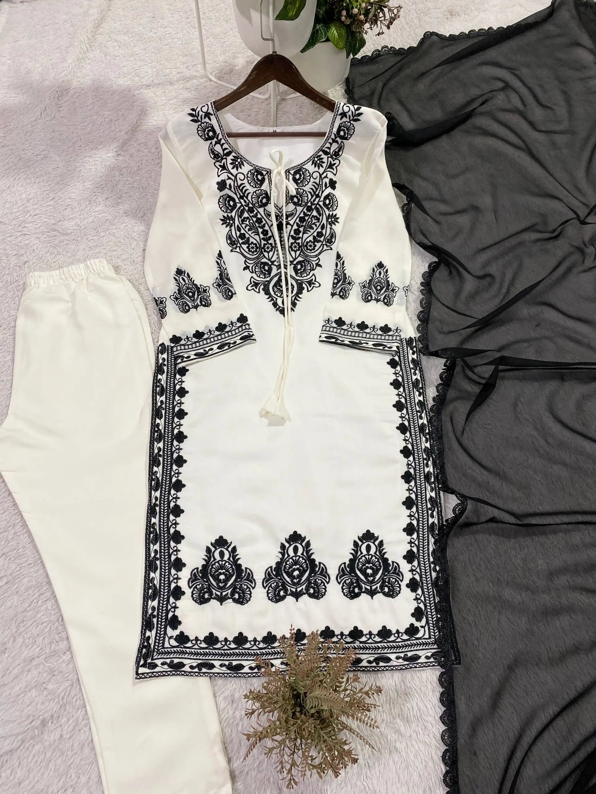 Elegant Roman Silk Embroidered Straight Suit Set for Festive Wear