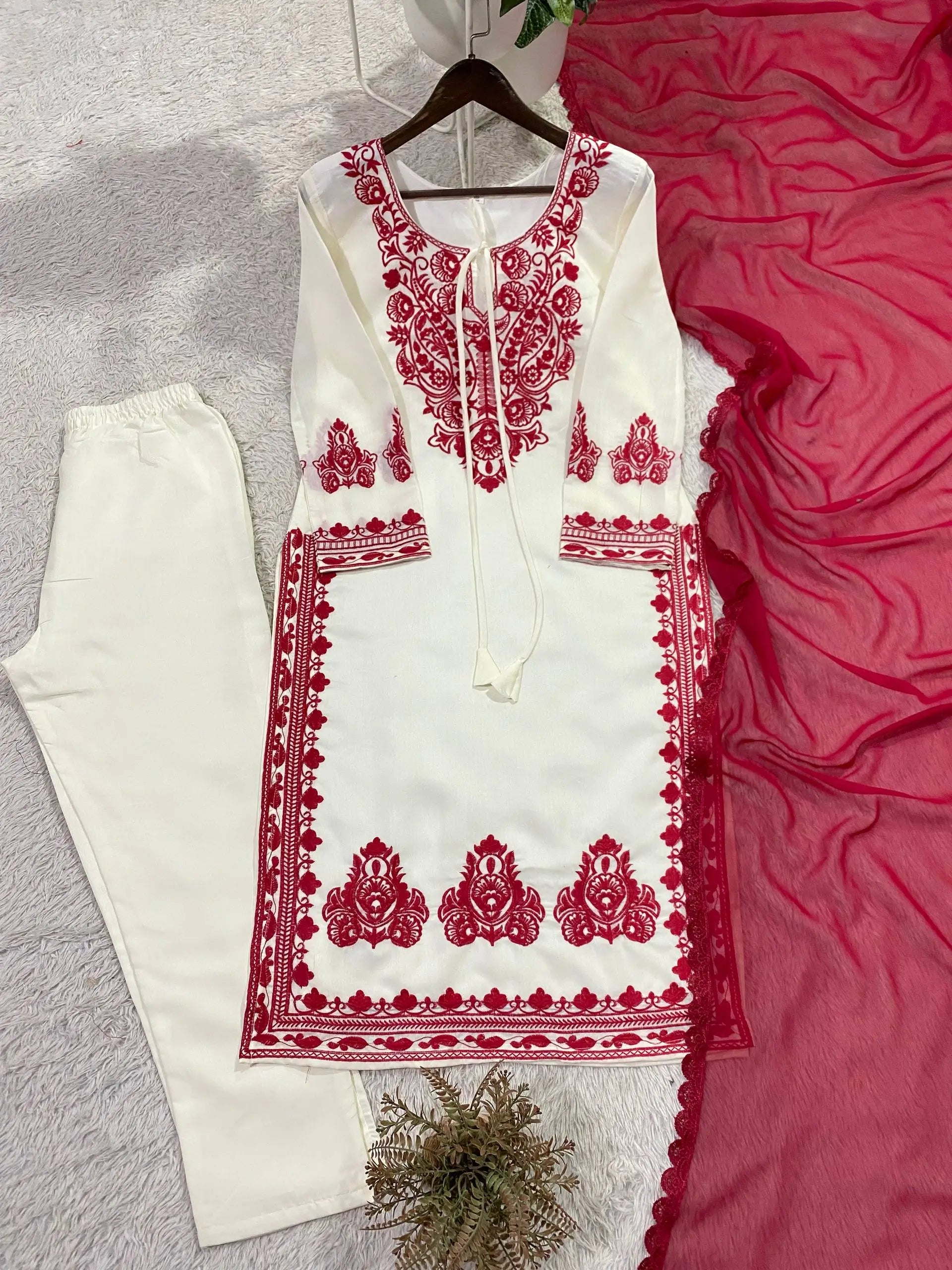 Elegant Roman Silk Embroidered Straight Suit Set for Festive Wear