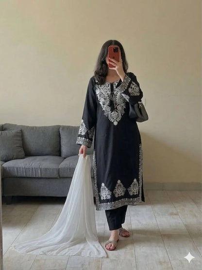 Elegant Roman Silk Embroidered Straight Suit Set for Festive Wear