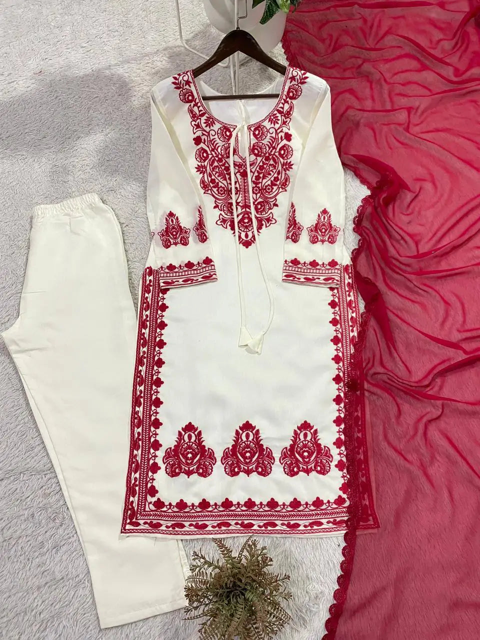 Elegant Roman Silk Embroidered Straight Suit Set for Festive Wear