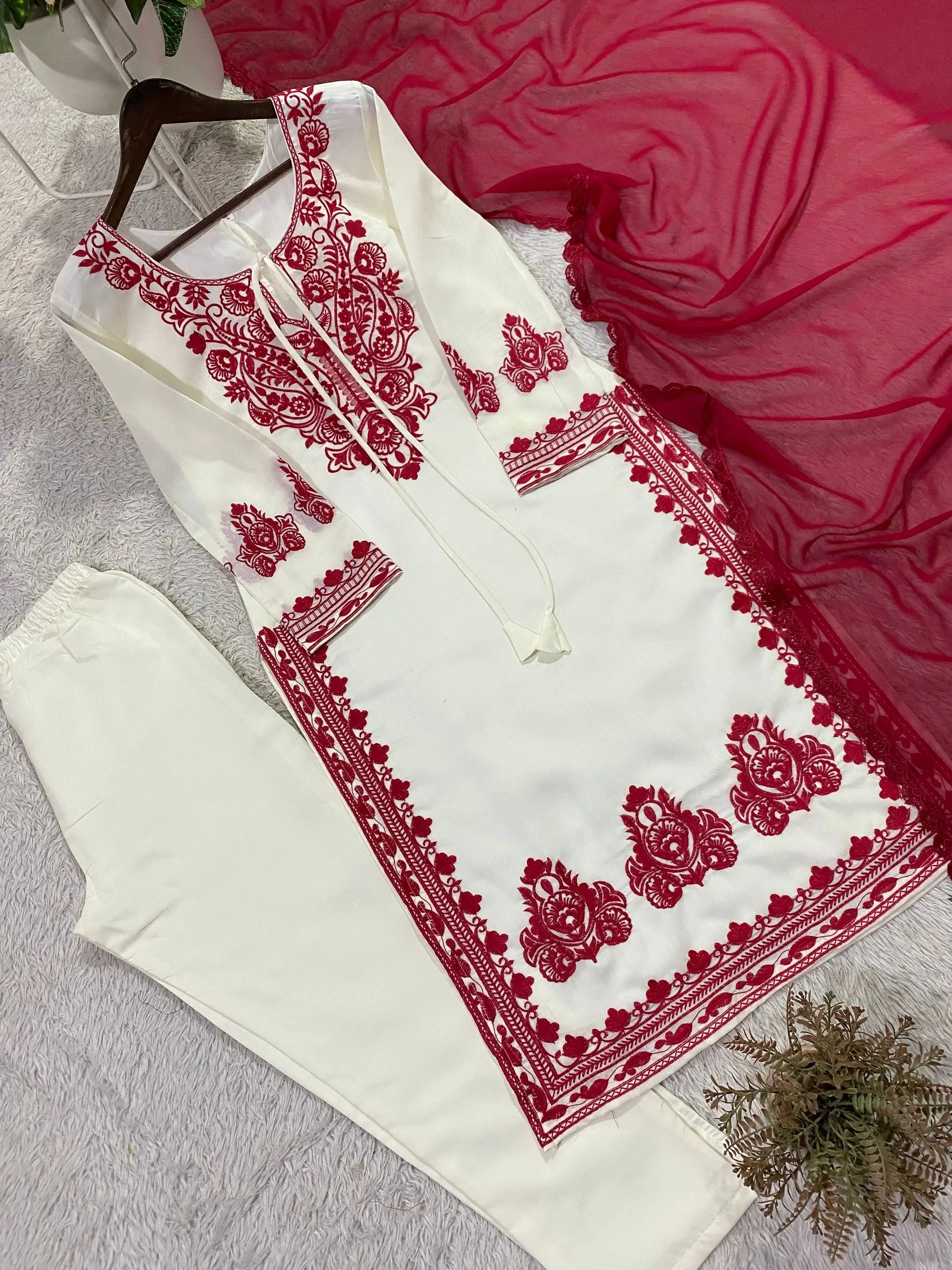 Elegant Roman Silk Embroidered Straight Suit Set for Festive Wear