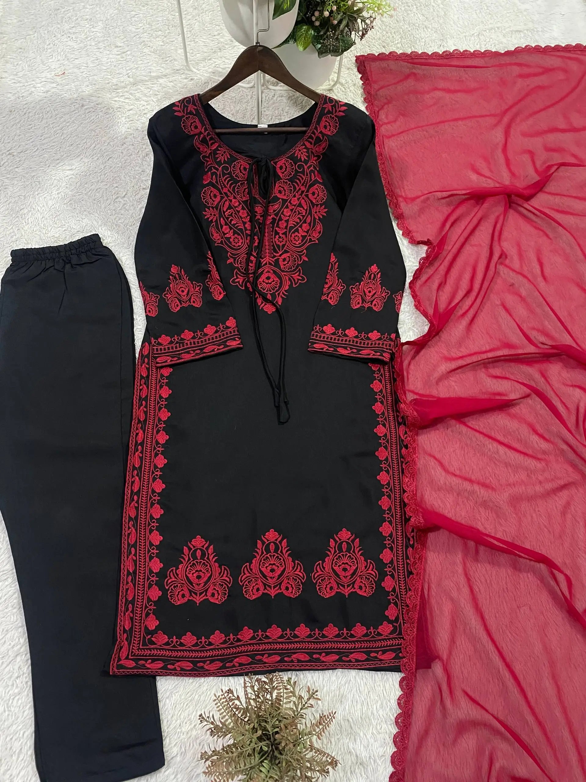 Elegant Roman Silk Embroidered Straight Suit Set for Festive Wear