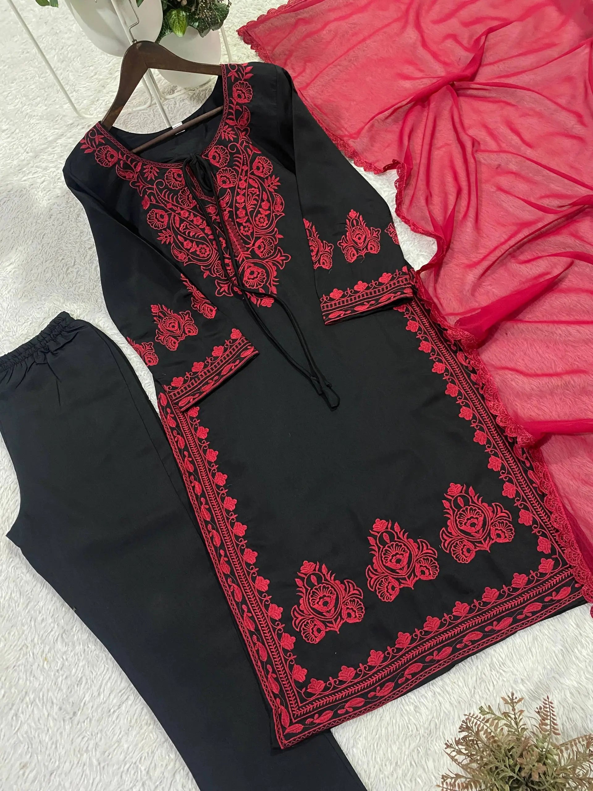 Elegant Roman Silk Embroidered Straight Suit Set for Festive Wear
