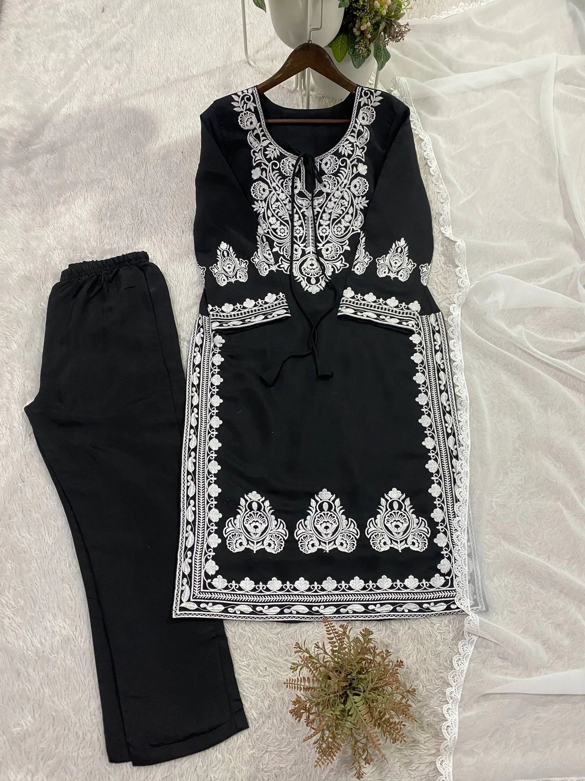 Elegant Roman Silk Embroidered Straight Suit Set for Festive Wear