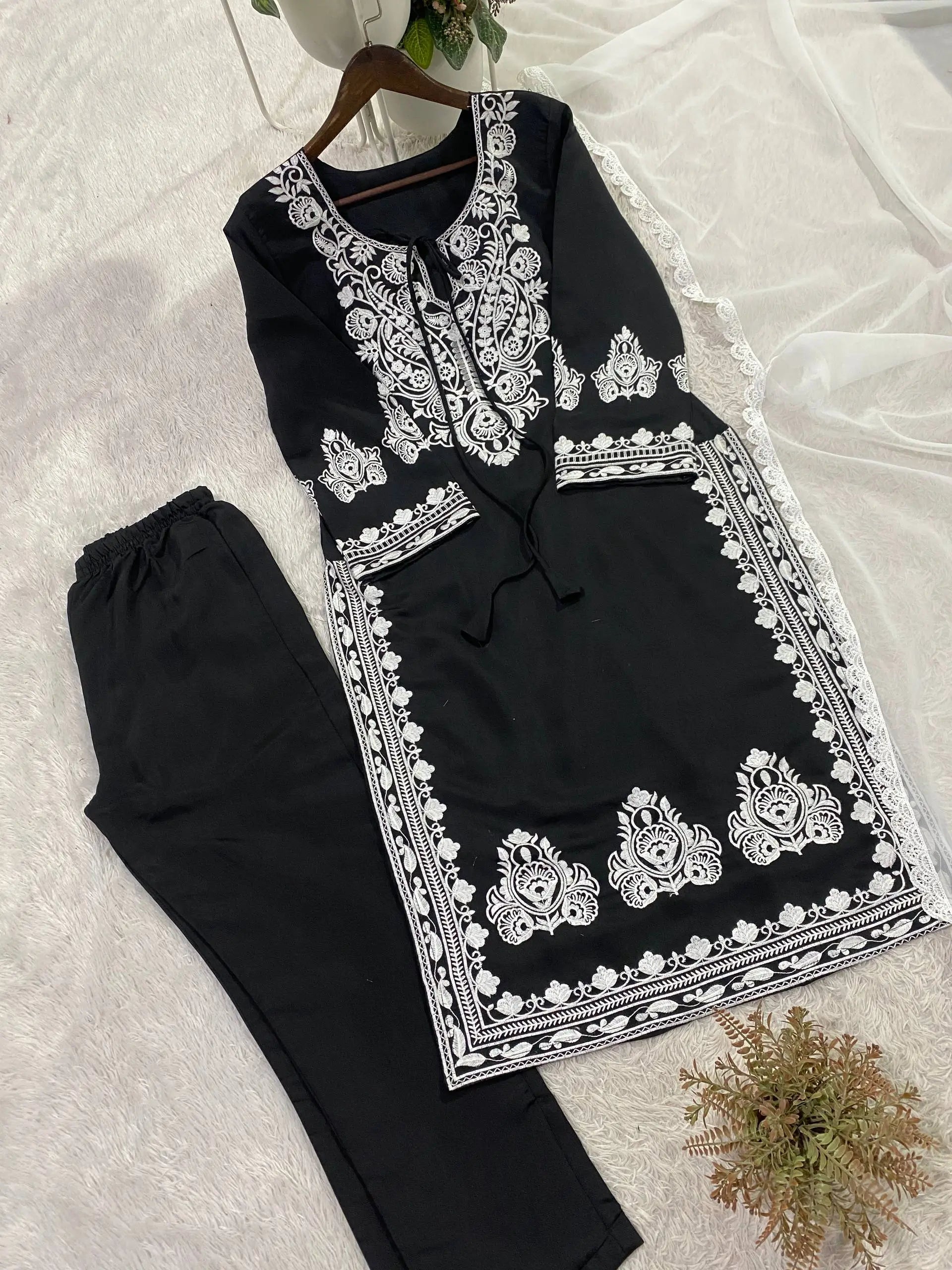 Elegant Roman Silk Embroidered Straight Suit Set for Festive Wear