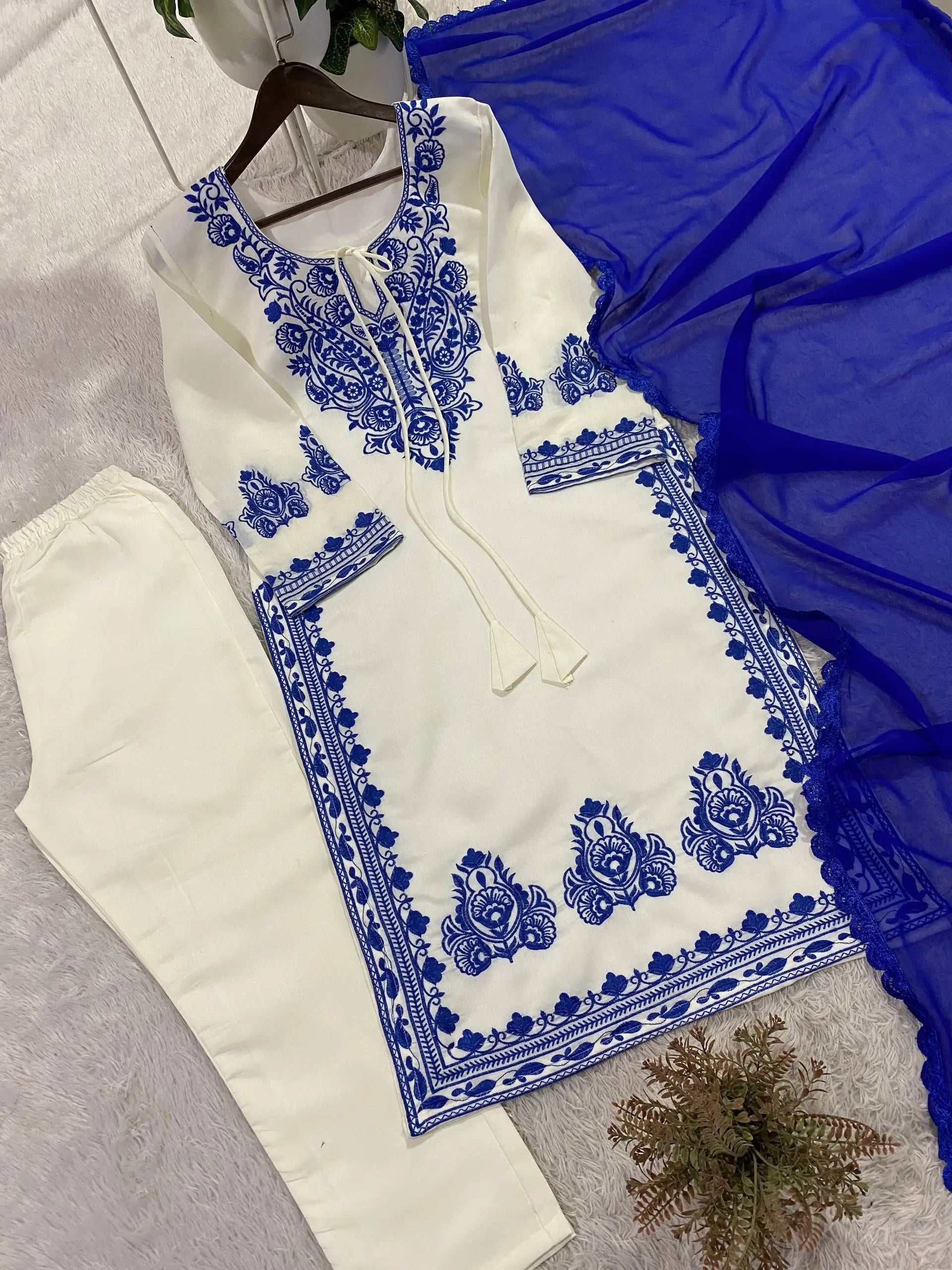 Elegant Roman Silk Embroidered Straight Suit Set for Festive Wear
