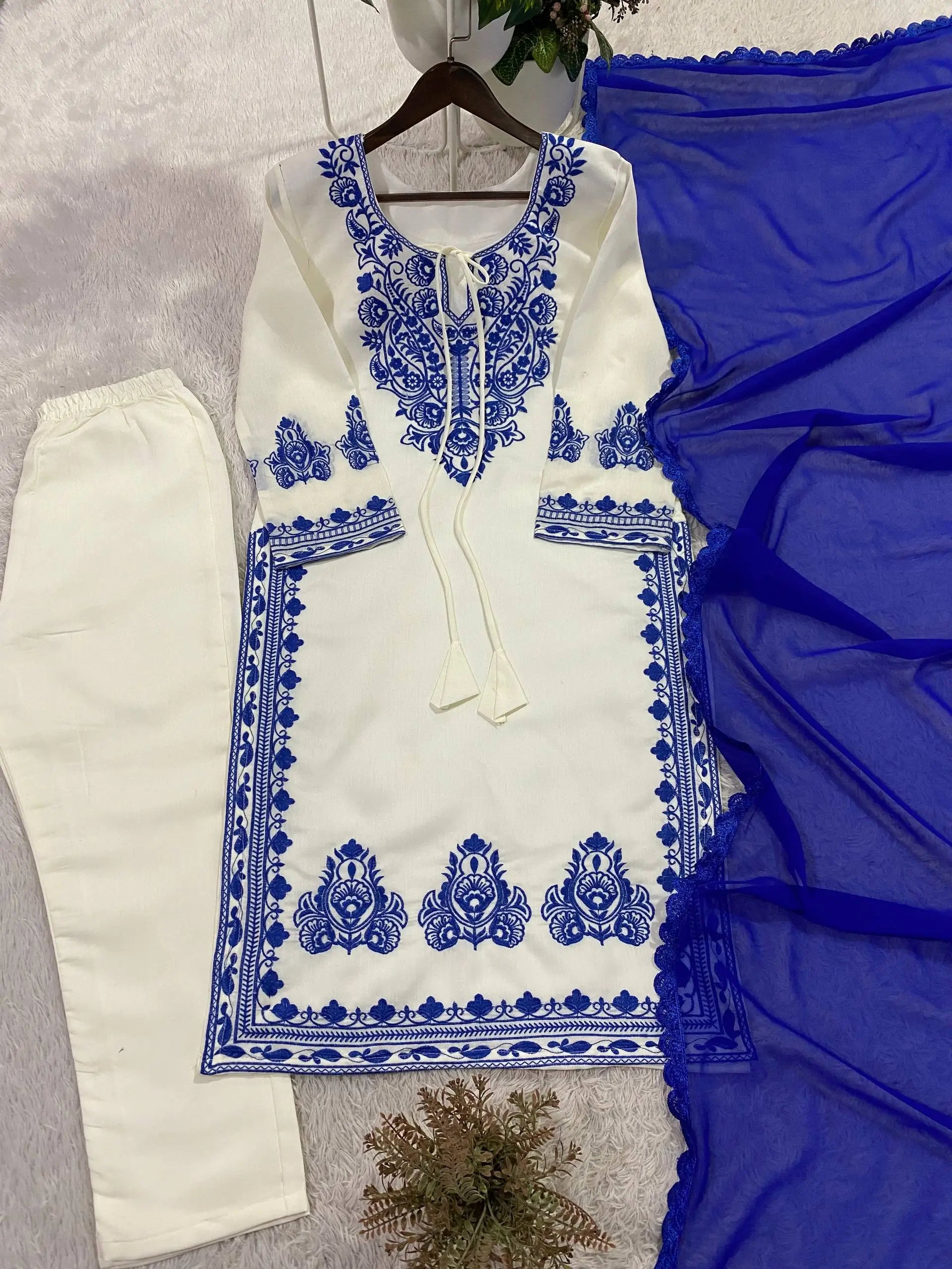 Elegant Roman Silk Embroidered Straight Suit Set for Festive Wear